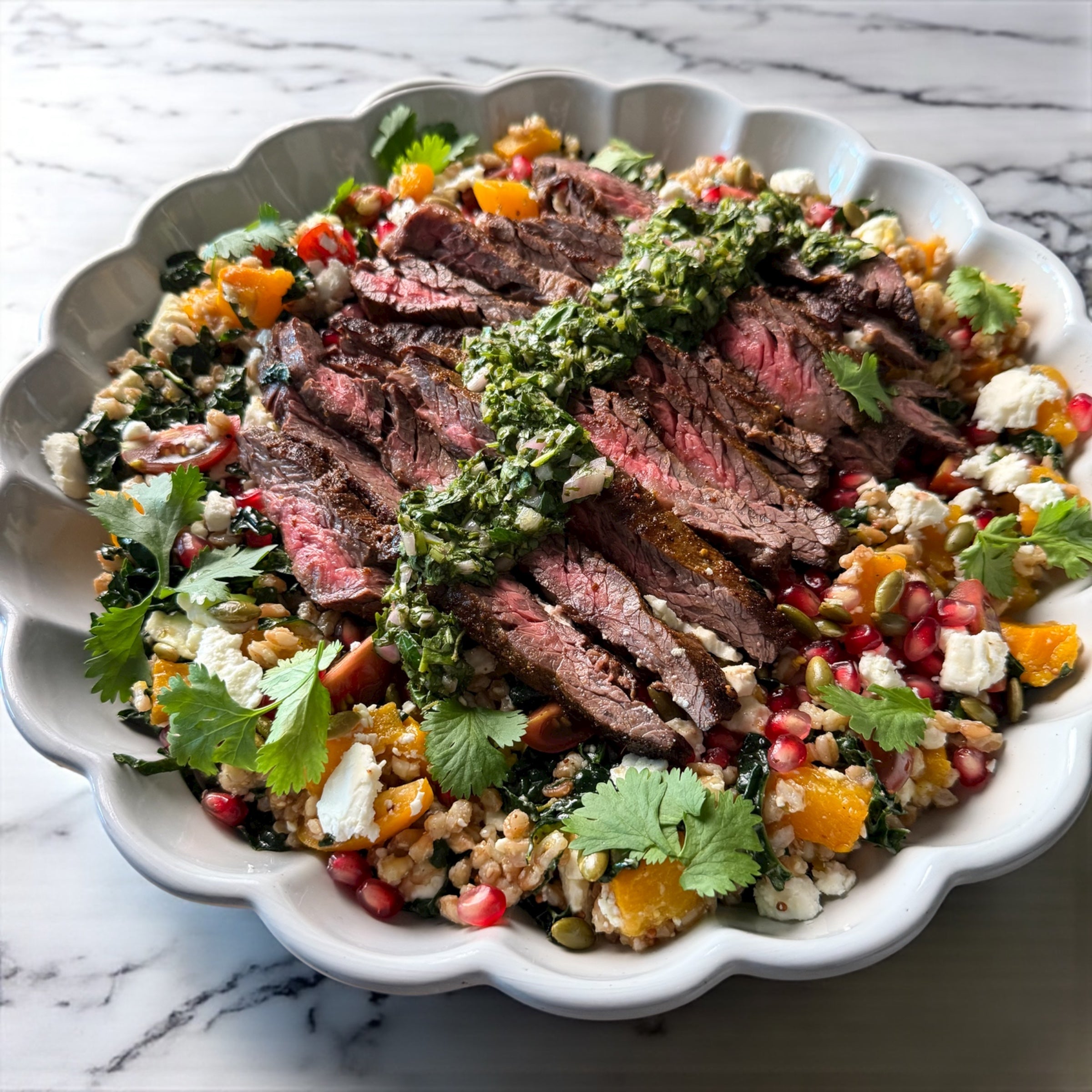 Autumn Harvest Farro Salad with Seared Skirt Steak and Chimichurri