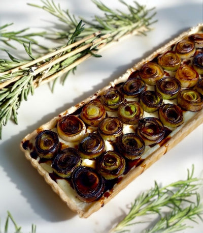 Caramelized Leek Tart with Potato Parsnip Cream