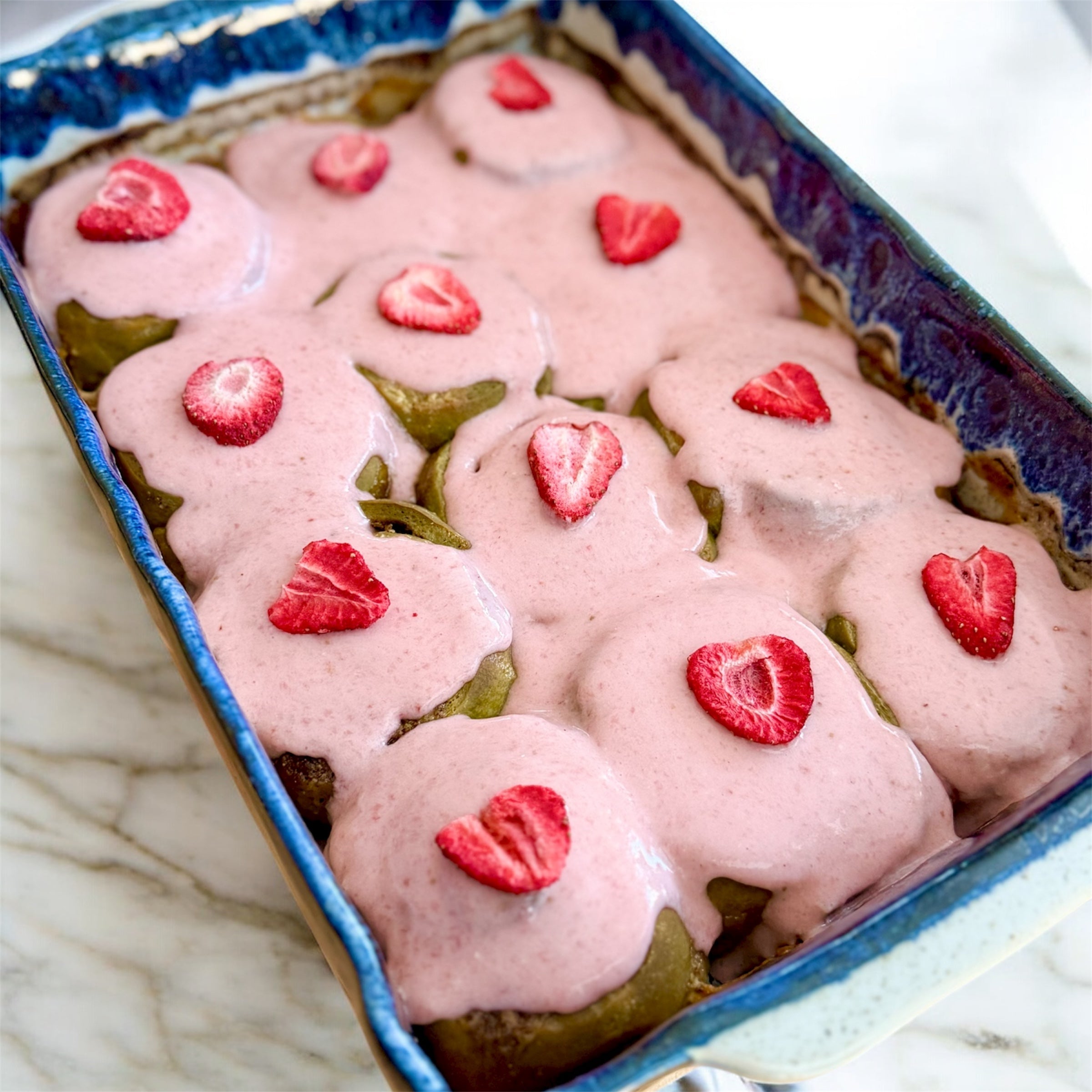 Matcha Chai Rolls with Strawberry Cream Cheese Frosting
