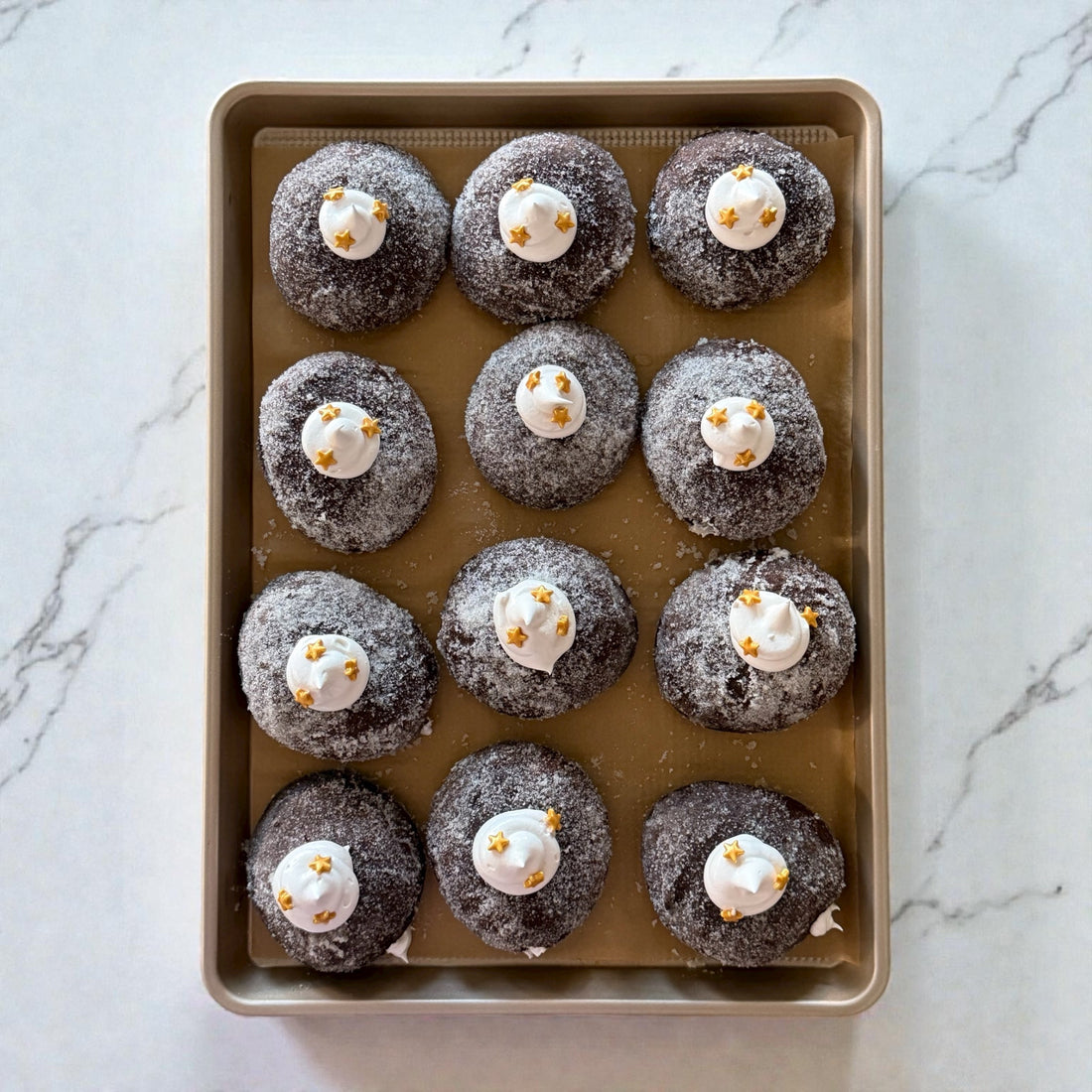 Hot Cocoa Donuts with Marshmallow Cream Filling